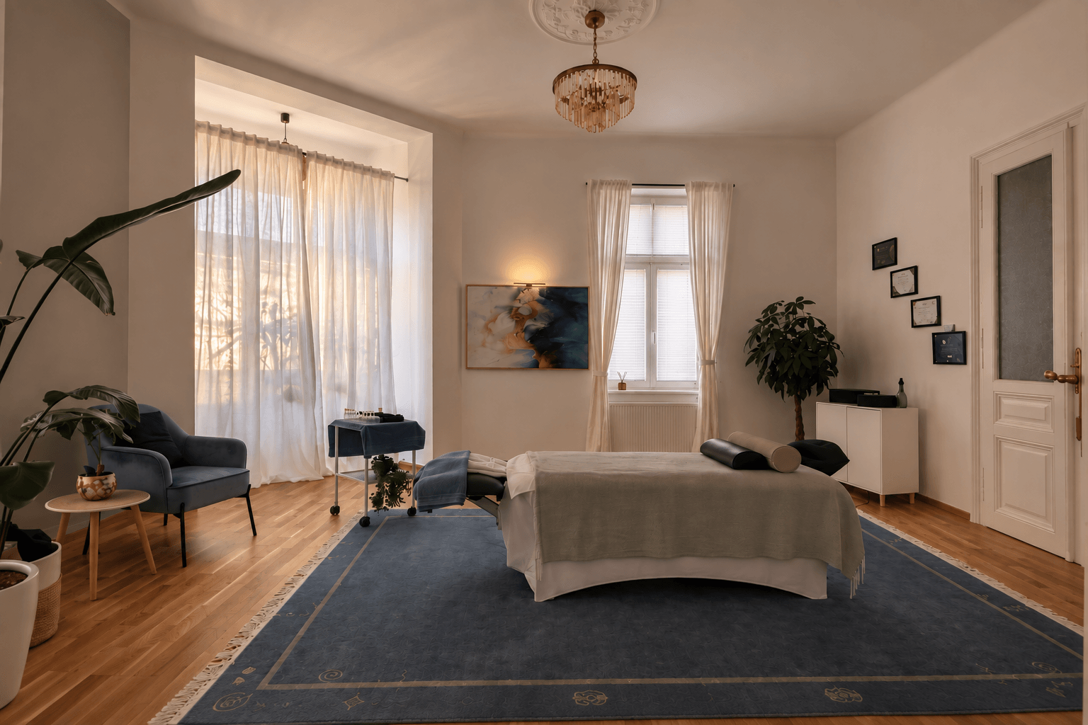 Behandlungsraum der Heilmassage-Praxis in Wien 1080 – helle Altbauräume mit professioneller Massageliege